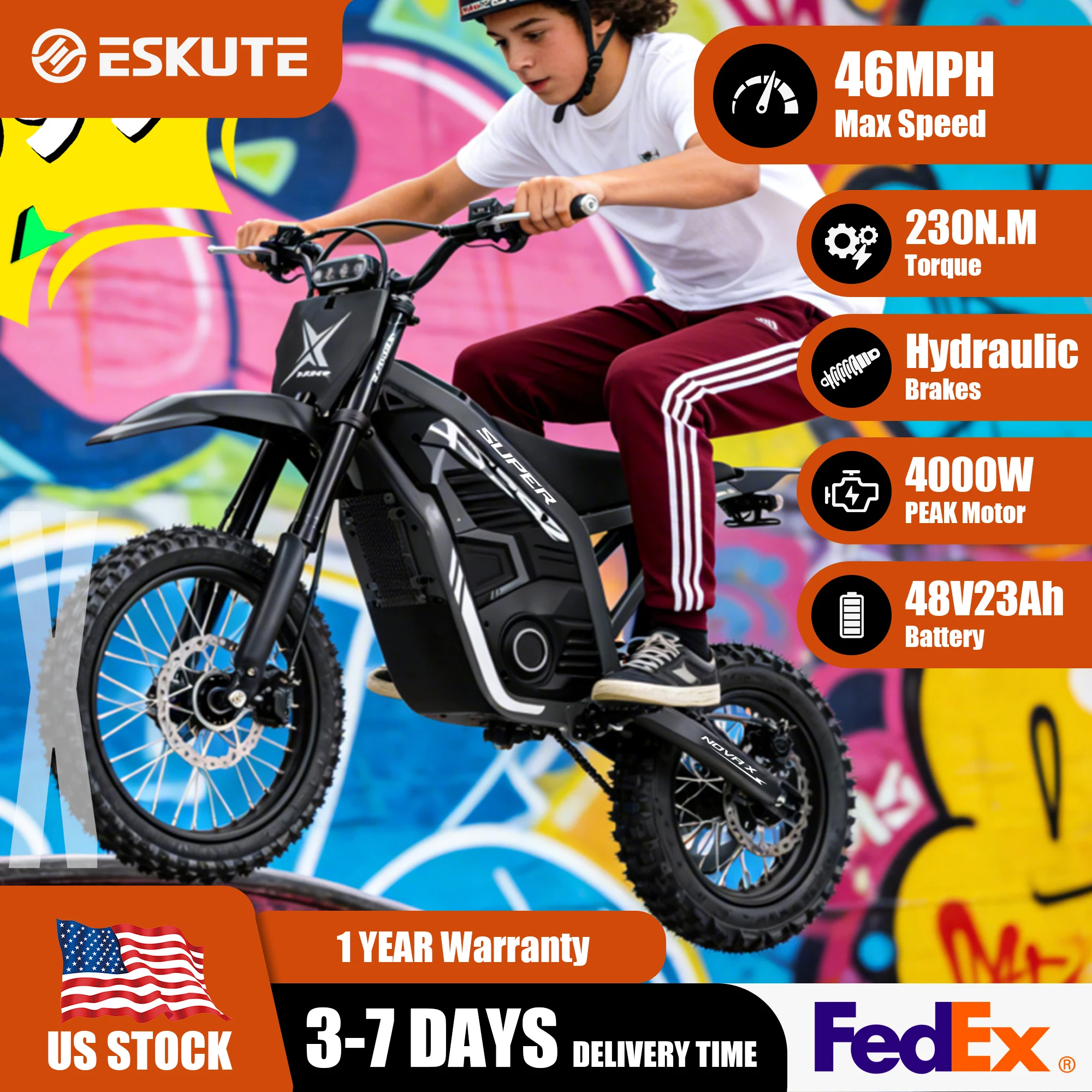 Eskute Nova X Electric Dirt Bike for Teens & Adults, 14"/12" Fat Tire Electric Motorcycle, 48V23AH Battery Nova Ebike 35-46MPH Ebike, Full Suspensions E-Moped for Kids, Teens & Adult
