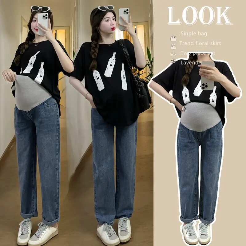 Wide Leg Loose Straight Denim Jeans for Maternity Spring Autumn Elastic Waist Belly Pants for Pregnant Women Pregnancy Vintage