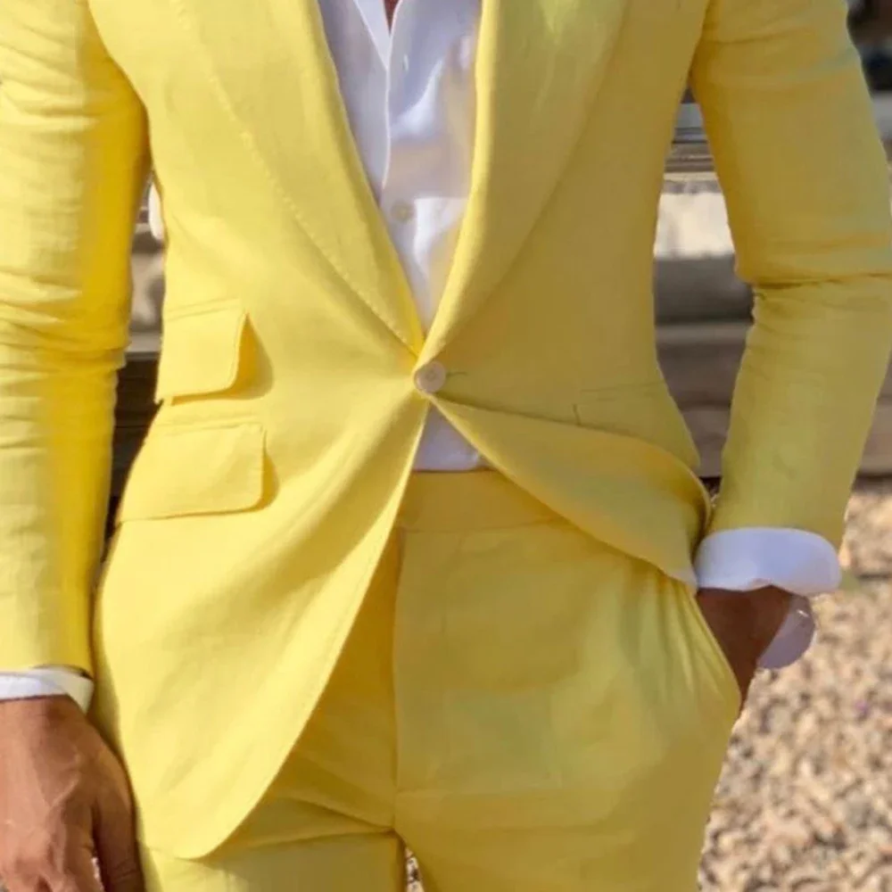 2024 Yellow Linen Beach Men Suits Slim Fit 2 Piece Wedding Groom Tuxedo Peaked Lapel Male Fashion Costume Blazer With Pants