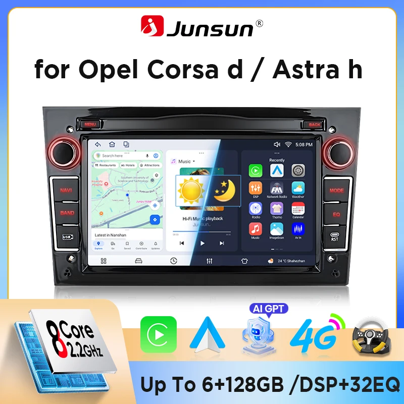 Autoradio Android Junsun 7" nero lucido per Opel Astra H J, Vectra, Vauxhall, Antara, Zafira, Corsa con porta USB Type-C, CarPlay wireless e Android Auto, navigazione GPS, DSP, radio FM RDS, WiFi,