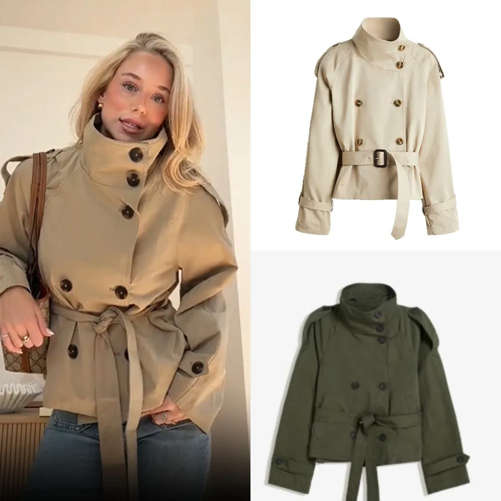 

French Jacket Jacket Women's Temperament Stand Up Collar Double Row Buttons Waist Cinching Lace Up Loose Trench Coat Jacket New