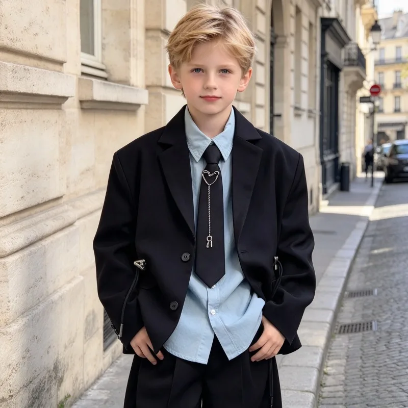 Teen Boys Suit Set Kids Black Loose Blazer Wide Leg Pants Drawstring Children Korean Vintage Casual Outfit Spring Autumn 2-14Y