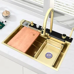 304 Stainless Steel Large Single Slot Multifunction Sink Anti-Scratch LED Digital Display Waterfall Kitchen Sink With Cup Washe