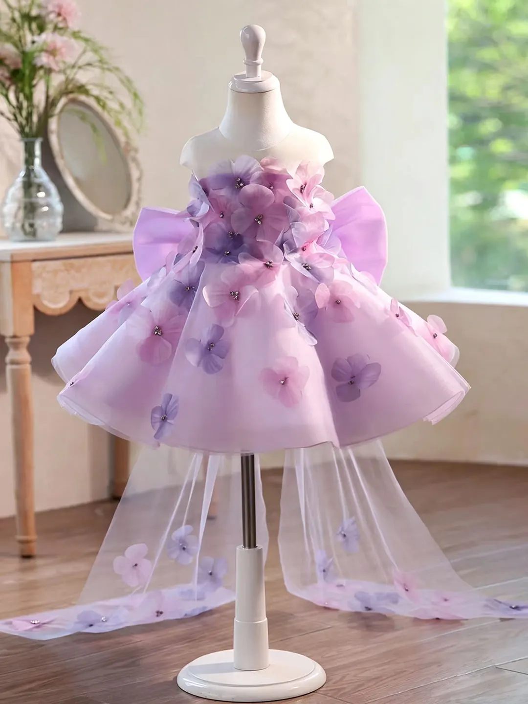 Jill Wish J901Lavender Flower Girl Dress with 3D Floral Appliqués & Detachable Sheer Train – Back Bow & Rhinestone Accents