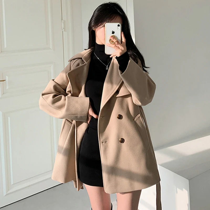 Vintage Tailored Coat Notched Wool & Blends Belt Waist Autumn 2025 Trench Jacket Women Top