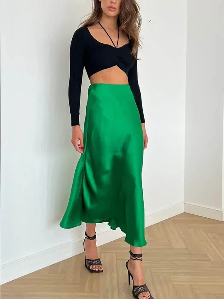 Satin Skirt A-line Silk High Waist Elegant Skirts for Women Side Zipper Korean Fashion Office Lady Black Champagne Midi Skirt