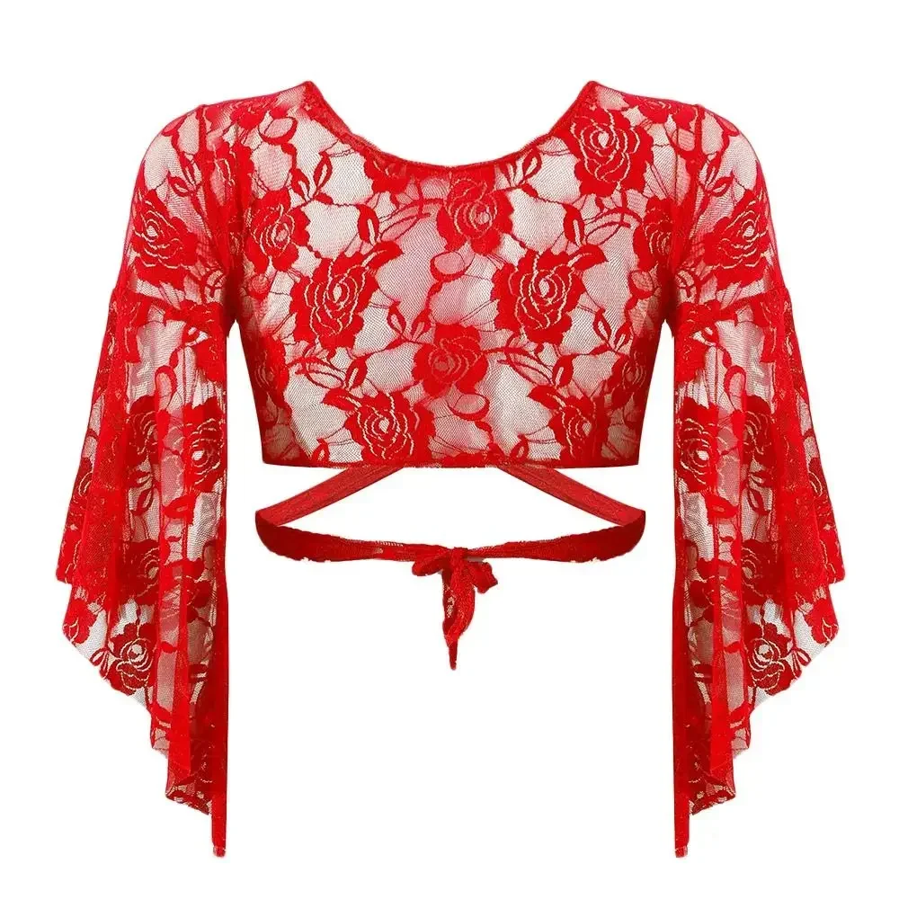 Cardigan curto de renda manga longa encolher de ombros camisa de renda ginástica cobrir cardigan envolve 2025 vermelho preto feminino dança do ventre topo