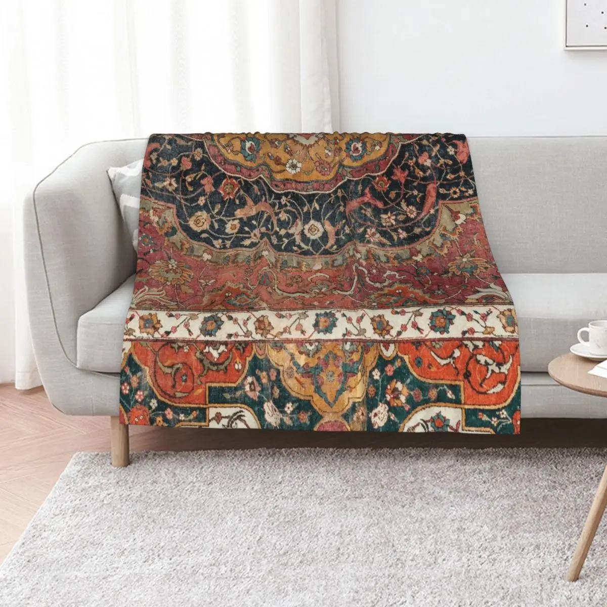 Persian Medallion Rug IX // 16th Century Distressed Red Green Blue Flowery Colorful Ornate Pattern Throw Blanket