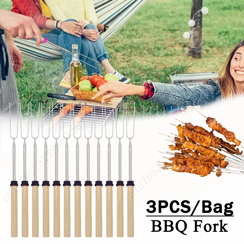 

30PCS Telescopic Barbecue Fork Stainless Steel U-Shape Barbecue Fork Wooden Handle Barbecue Skewers for Outdoor Barbecue Picnic
