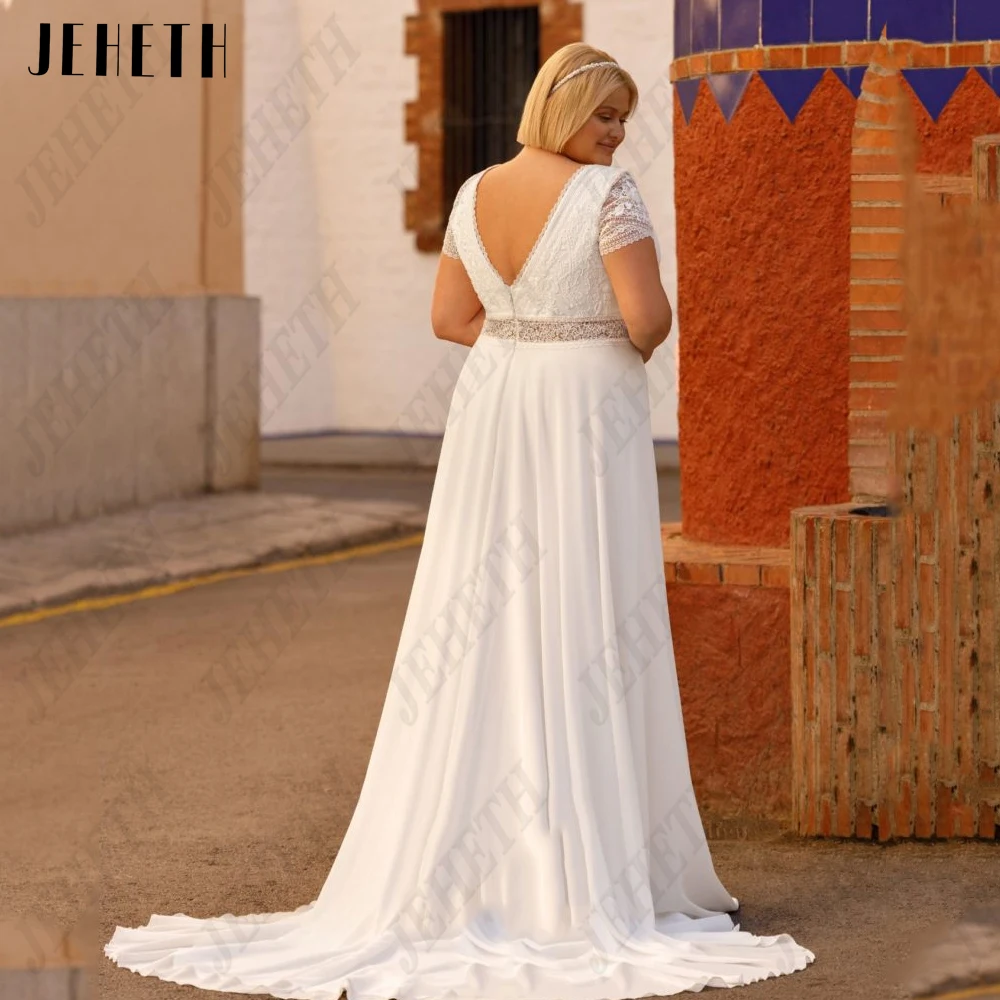 JEHETH Classic Wedding Dresses Short Sleeves Plus Size V-Neck Bride Gowns Chiffon A-Line Sweep Train Backless vestidos de novia