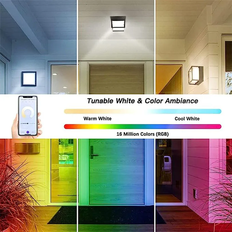 RGB Smart Outdoor Wall Light, LED Color Changing Front Porch Ceiling Fixture, 15W, 2700K-6500K, IP66 impermeabile Dimmable Outdoor Porch Light Wall