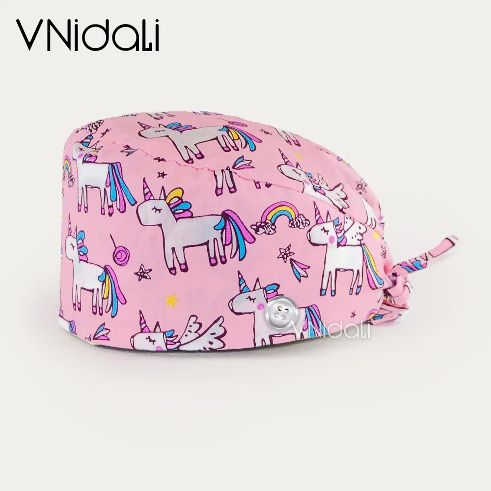 Wholesale prices Pink cute little Unicorn printed scrub cap 17 colors nursing Workplace Safety Supplies Accessories