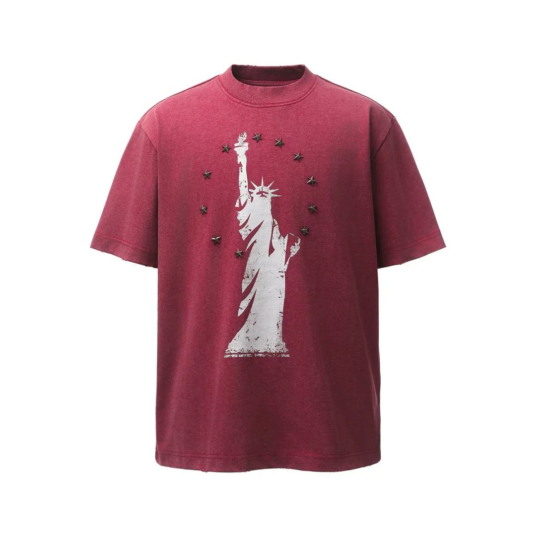Streetwear Retro Tshirt Vintage Statue Print Five-Star Metal Decorated Hip Hop Loose T Shirt Men Cotton T-Shirt Hipster Tops Tee