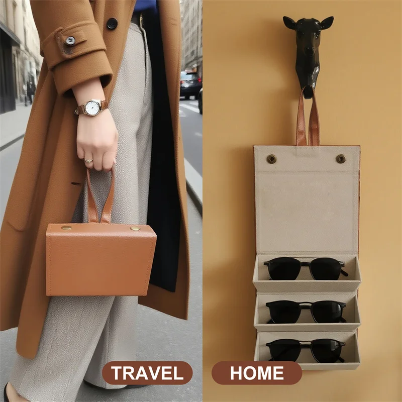 حافظة نظارات شمسية جلدية مصنوعة يدويًا، منظم تخزين نظارات شمسية إبداعي متعدد الأشكال مع مقصورات #1
