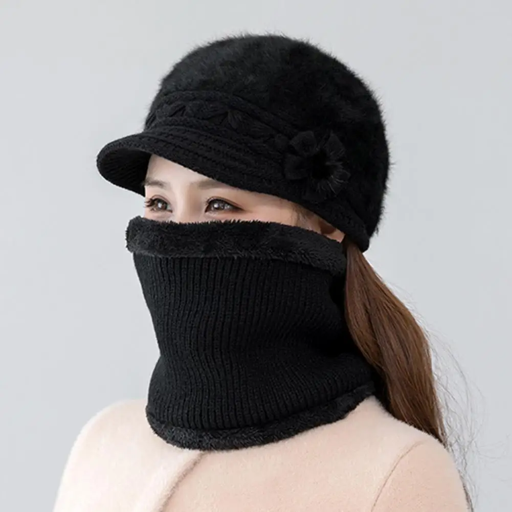 2Pcs/Set Female Hat Neck Warmer  Fuzzy   Ladies Hat Neck Warmer Cold Winter Thermal Middle-aged Adults Cap Scarf Kit