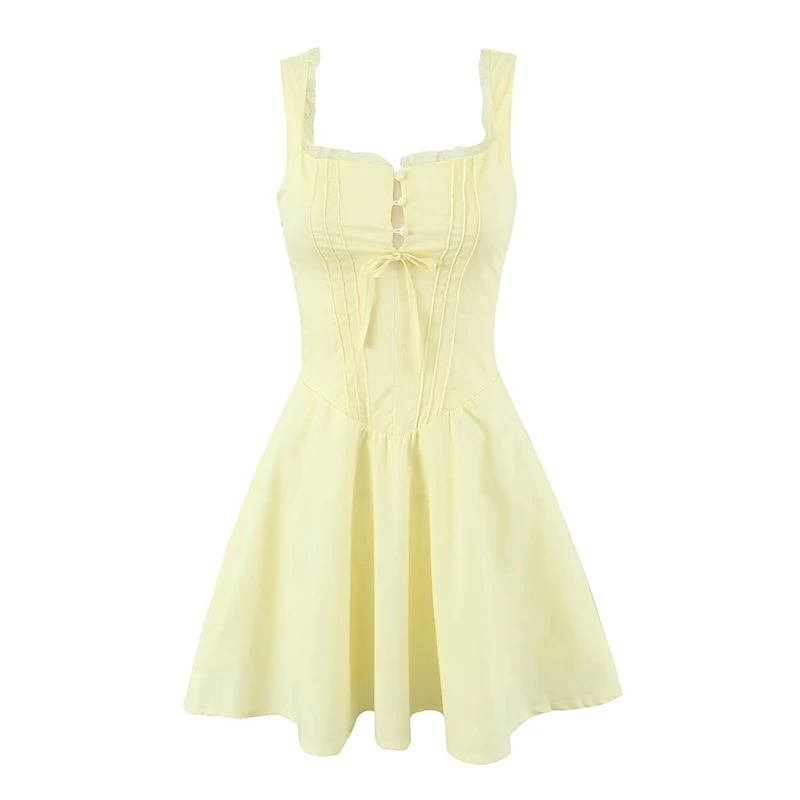 YENKYE Sexy Backless Lace Up Yellow Mini Dress For Women 2025 Sleeveless  A-line Evening Party Dresses Summer Corset Robe - AliExpress 200000345
