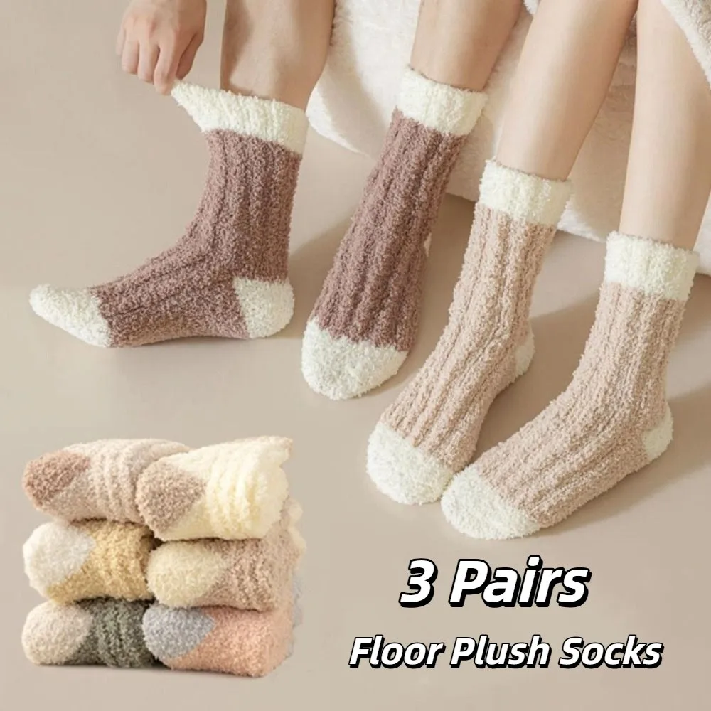 

3Pairs Creative Thickened Coral Fleece Socks Winter Simple Floor Plush Socks Sleeping Hosiery Mid Tube Socks Women Winter