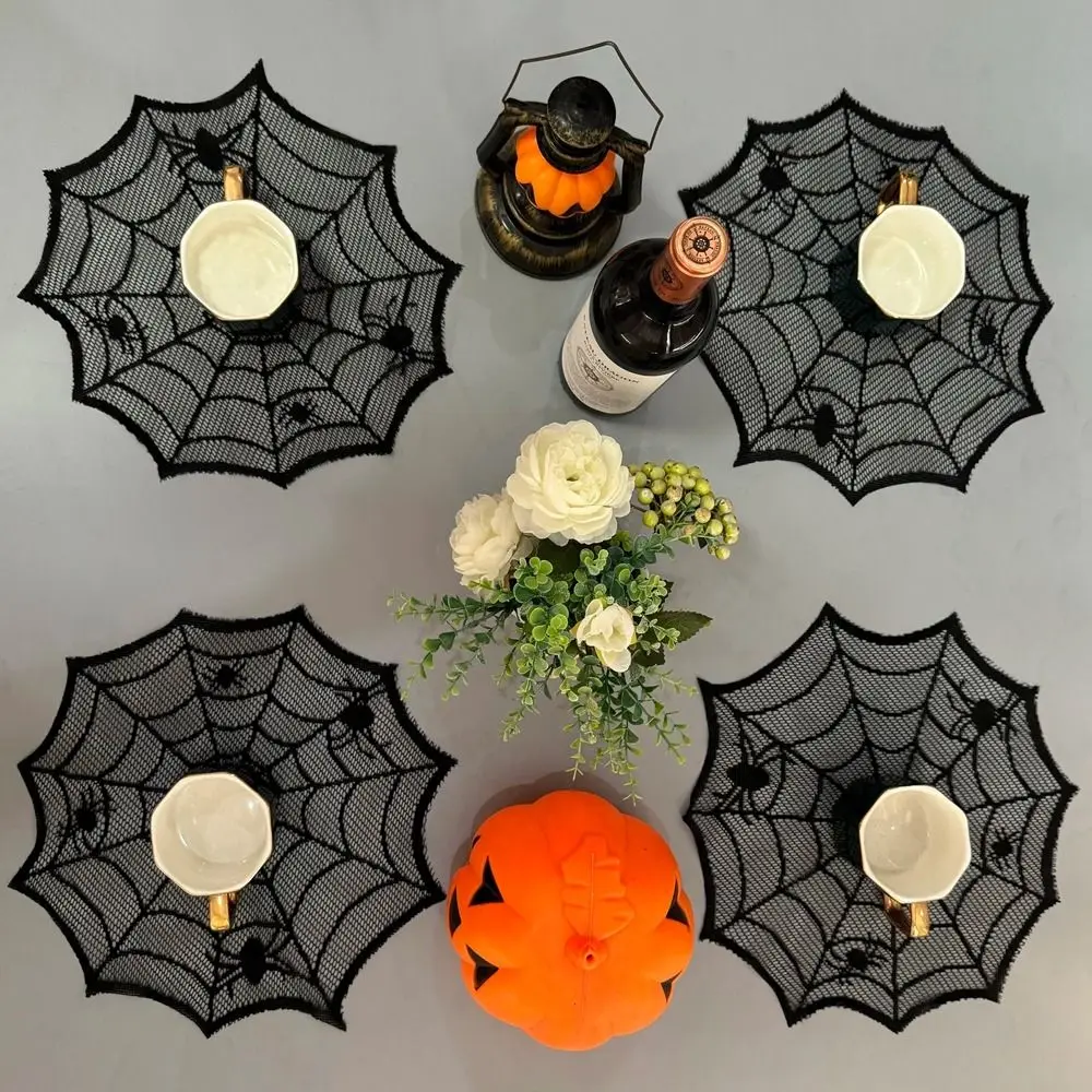 Practical 30cm Spider Web Placemats Hollow Out Heat Insulation Halloween Placemats Polyester Black Lace Placemat for Home