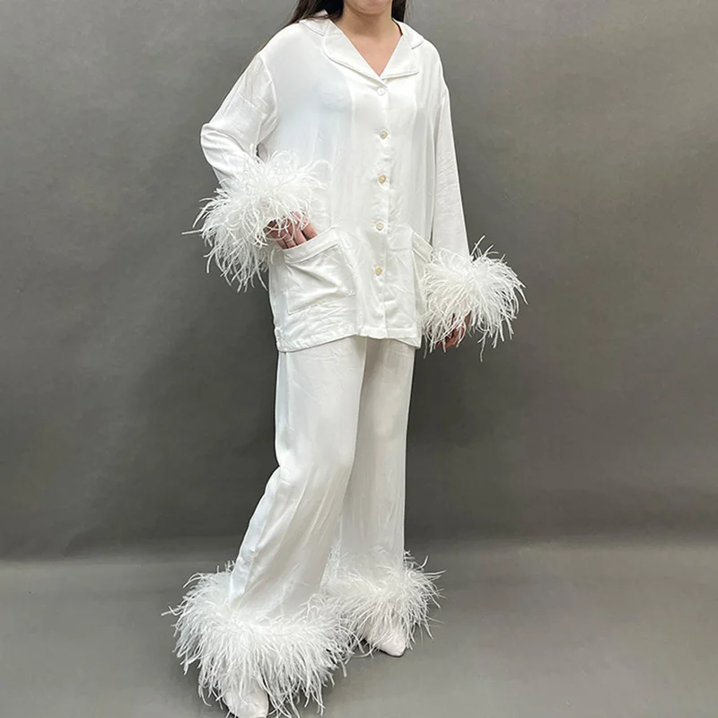 Women Big Feather Pajamas Sets 2024 Spring Summer Lady Natural Ostrich Feather Suit S5385