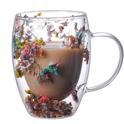 Tazza di vetro fiore da 300ML tazze da caffè a doppia parete fiore secco bicchieri trasparenti tè latte bicchieri ad alto contenuto di borosilicato per regalo