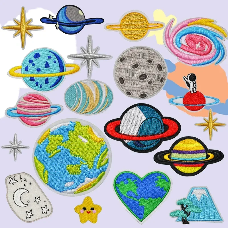 Colorful Planet Embroidery Patch Cartoon Earth Badge Stars Moon Celestial Body Appliques Thermoadhesive Cloth Stickers for Kids