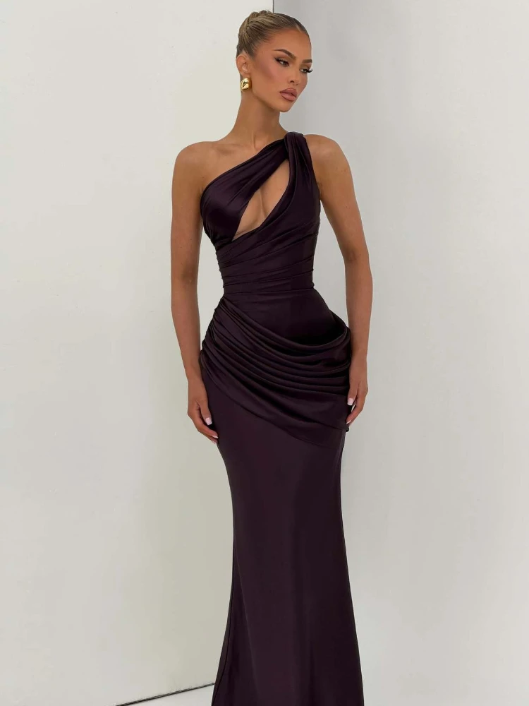 Chaxiaoa Satin One Shoulder Sexy Maxi Dress Women Elegant Diagonal Collar Cutout Ruched Bodycon Mermaid Long Evening Party Gown view 3