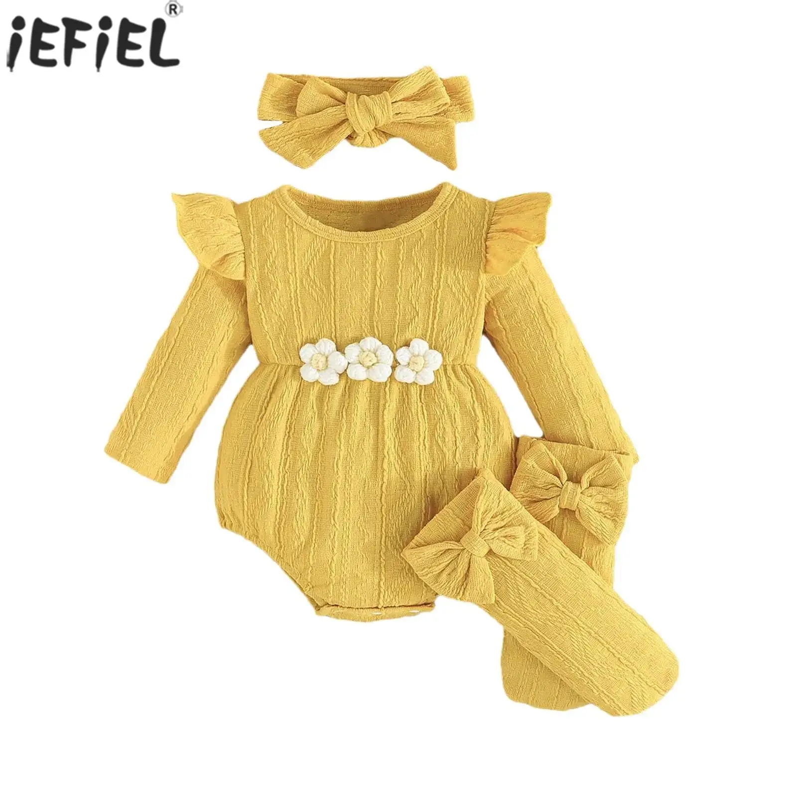 

Baby Girls Outfits Cable Knit Long Sleeves 3D Flowers Rompers with Bow Hairband Socks for Wedding Birthday Party Photo Shoots