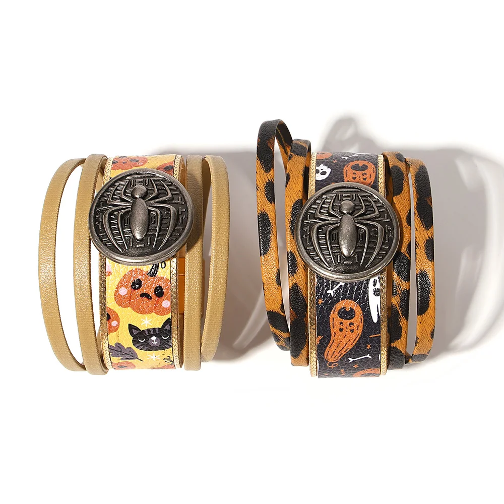 สร้อยข้อมือหนังสไตล์โกธิคสำหรับผู้หญิงและผู้ชาย ลายฟักทอง แมงมุม ผี หลายชั้น แบบพันรอบ สร้อยข้อมือกว้าง เครื่องประดับ