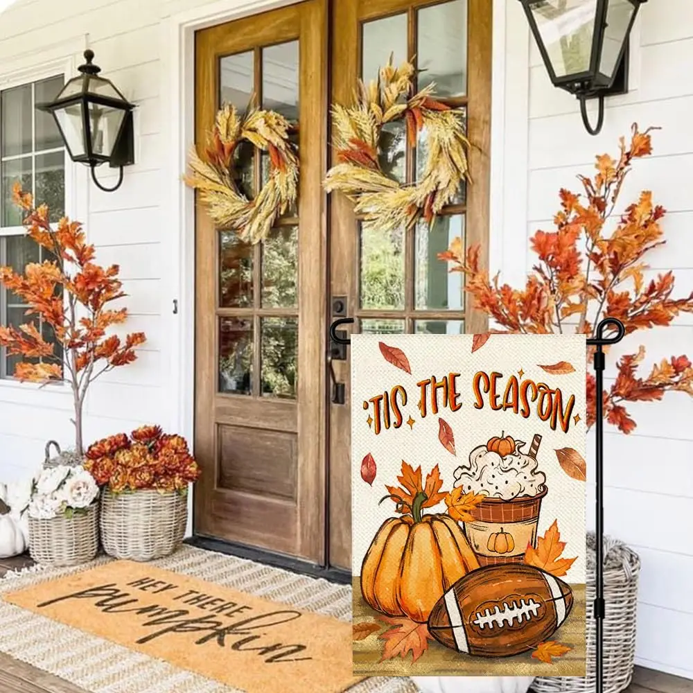 Tis the Season Fall Garden Flag 12x18 Inch Outside Yard Porch Decor | Double Sided, Autumn Leaves Rustic Football Pumpkin Sp llp