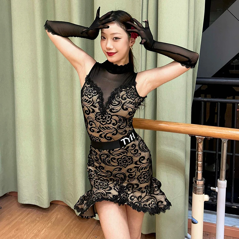 

Latin Dance Suit Women Black Sleeveless Mesh Leotard Lace Skirt Set Dancer Performance Outfit Cha Cha Rumba Practice Wear 3502