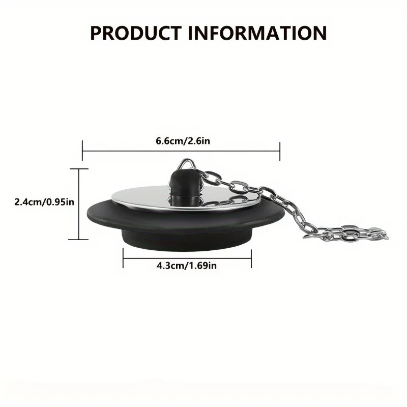 3pcs Universal Rubber Sink Plug with Long Metal Ball Chain and Hanging Loop, 43mm Bathroom and Kitchen Drain Cover