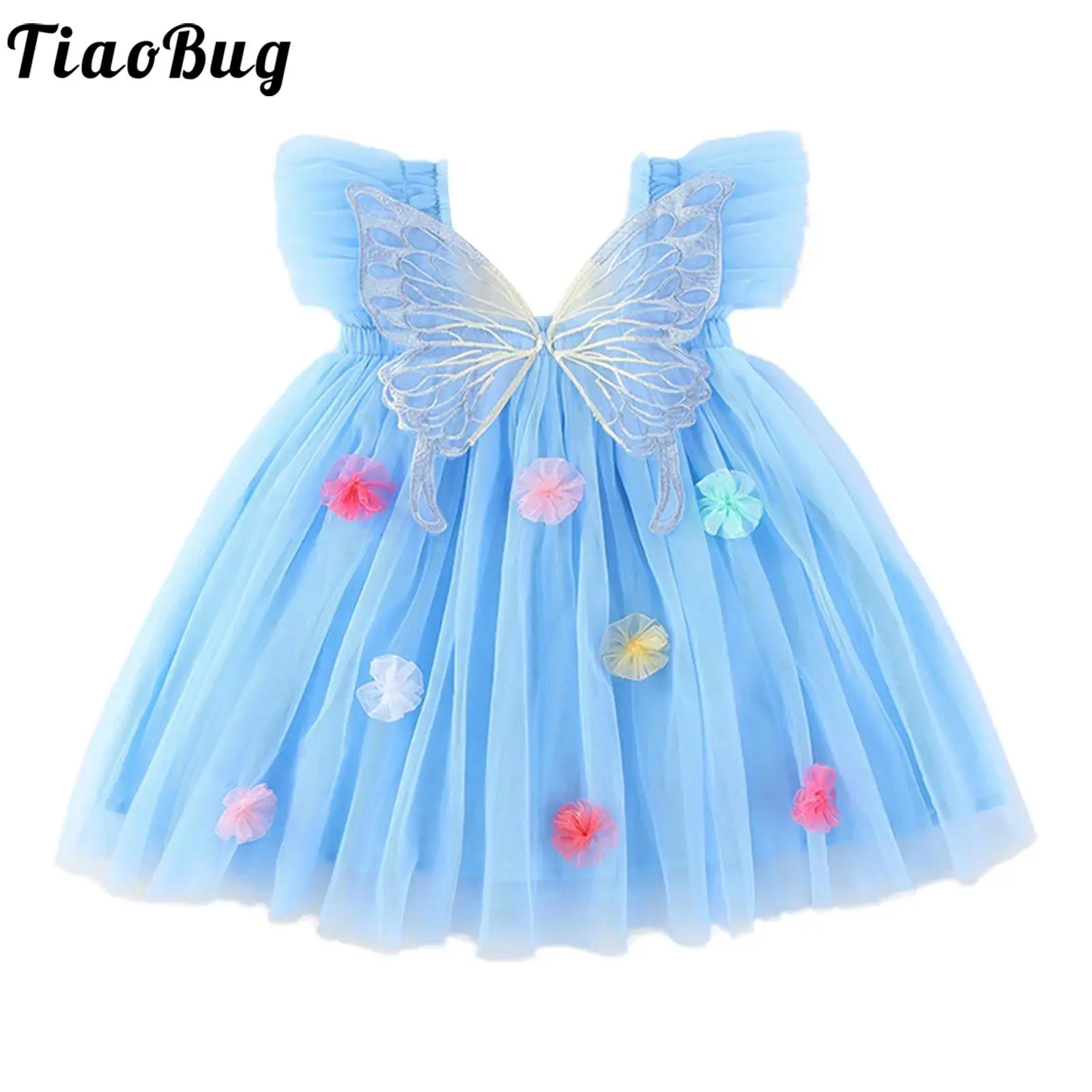 

Little Girls Butterfly Wings Princess Dress Summer Sweet Fly Sleeves Flowers Tulle Tutu Dresses Baby Birthday Party Clothes