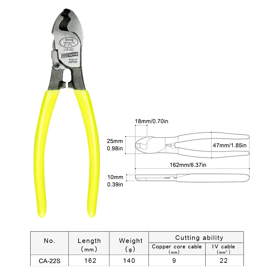 TSUNODA King TTC Spring Loaded Cable Cutter 162mm Able to Cut Copper Core Cable and IV Cable Cutting Pliers CA-22S