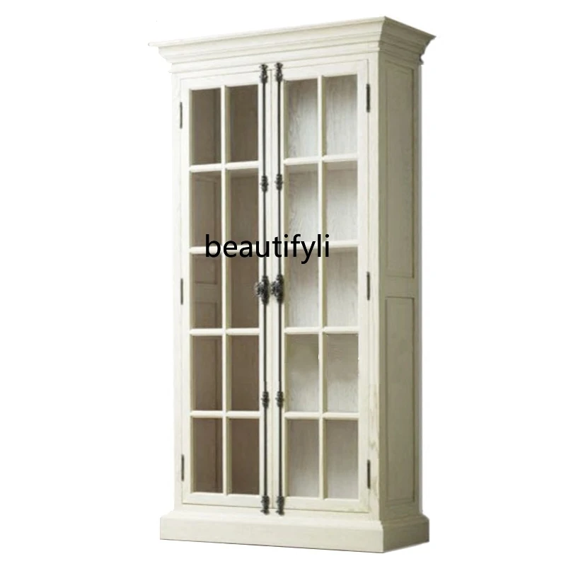 

French American Solid Wood Country Vintage Old Lock 2 Door Bookcase White Black Oak