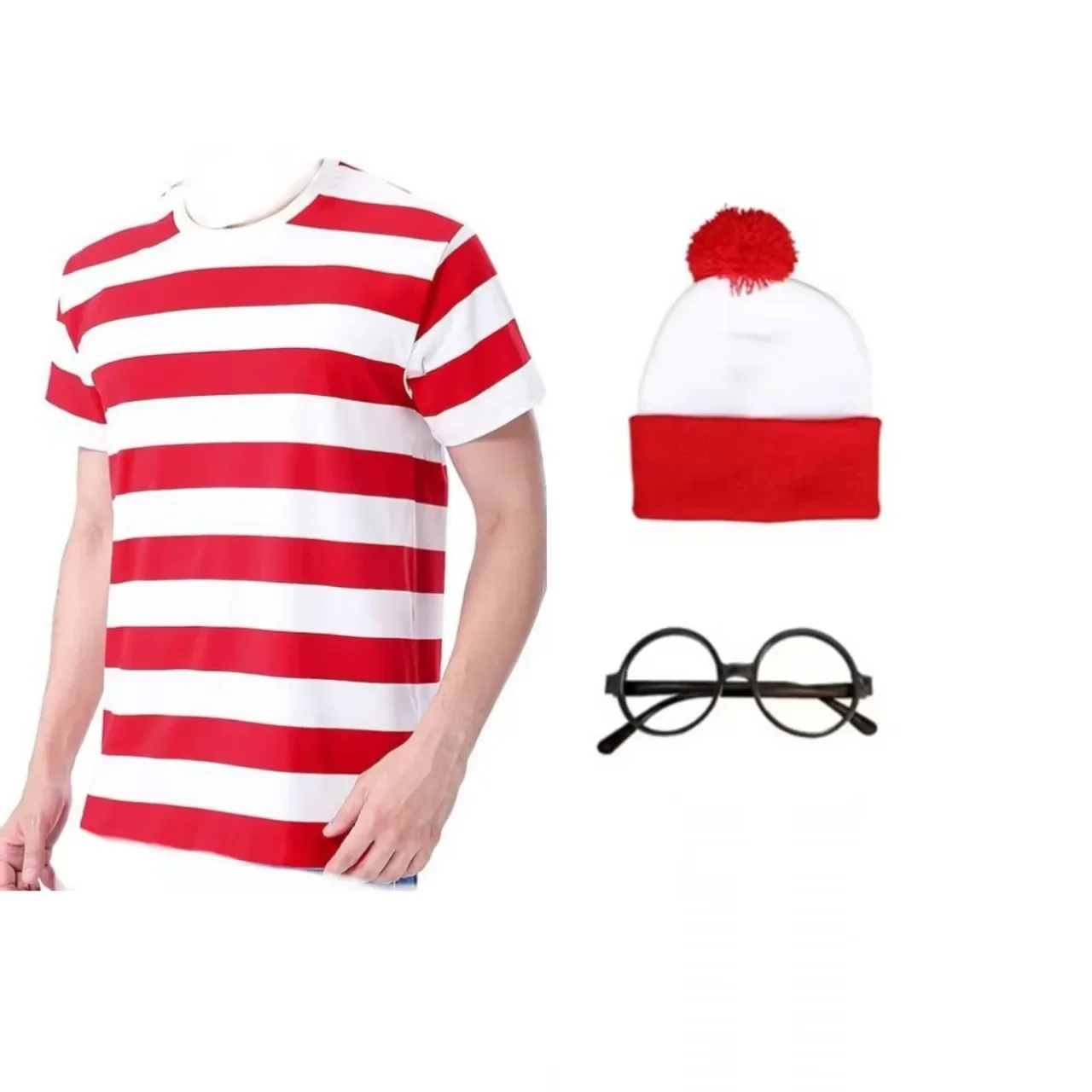 Nuevos disfraces de cosplay de Wally del dibujo animado "¿Dónde está Waldo?", camiseta de manga corta, sombrero, gafas, calcetines, accesorios para Halloween, Navidad, cosplay y escenario.