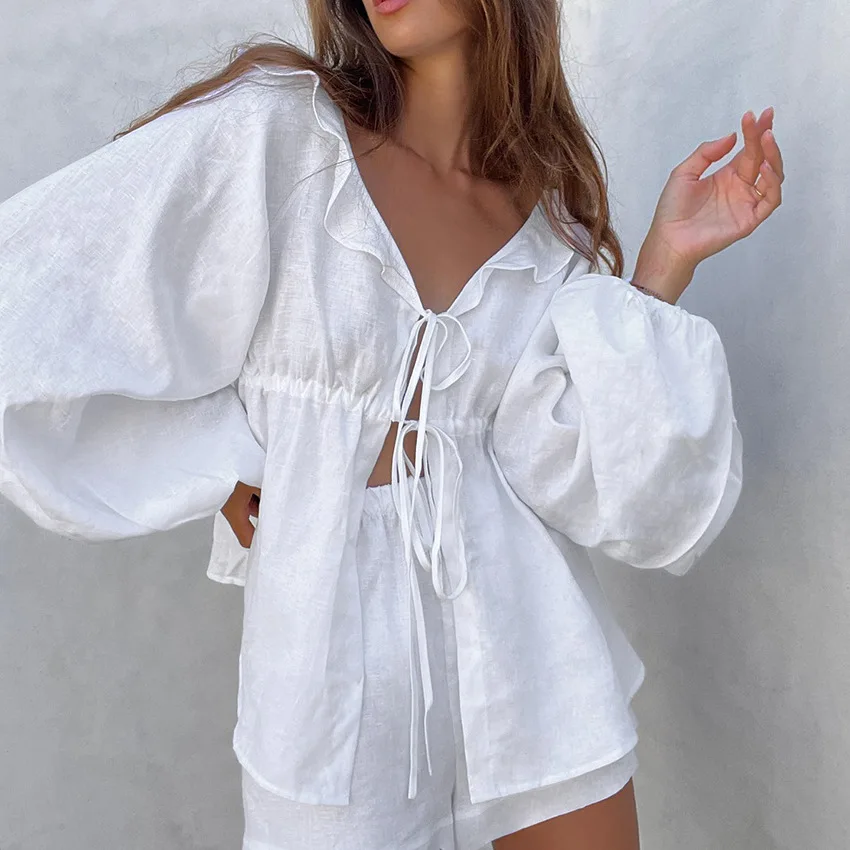 Shorts Suit Euro-America Style Cotton and Linen White Lantern Sleeve V-neck Top Summer