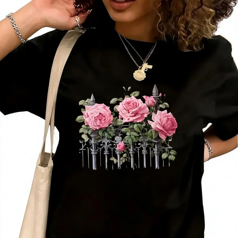 Pink Roses & Green Leaves Women's T-Shirt 100% Cotton Funny Graphic Short Sleeve Tee Novelty Shirt Casual Crew Neck Top S-5XL