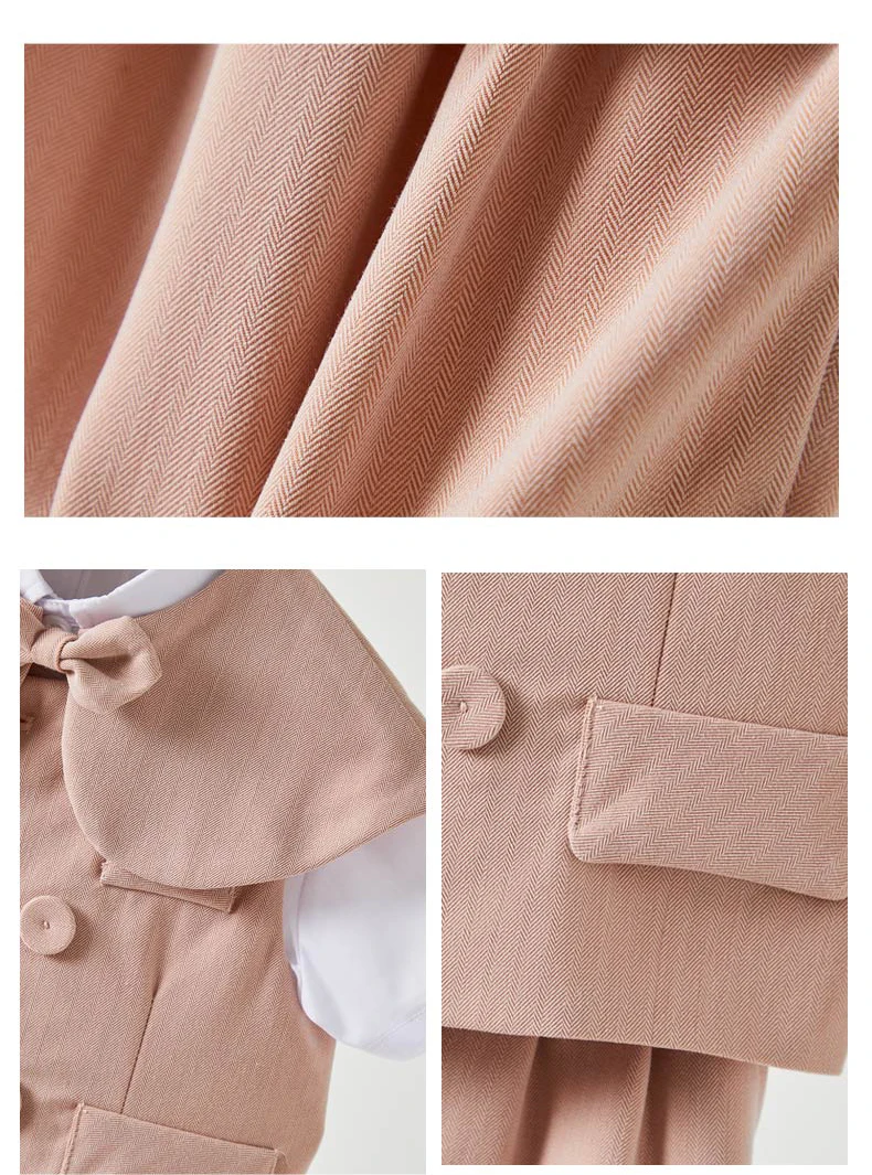 Kinder Jungen Rosa Weste Shorts Anzug 3-teilig mit Fliege Kleinkind Hochzeit Trauzeuge Geburtstag Taufe Fotografie Auftritt Formelles Kostüm – Detail 3