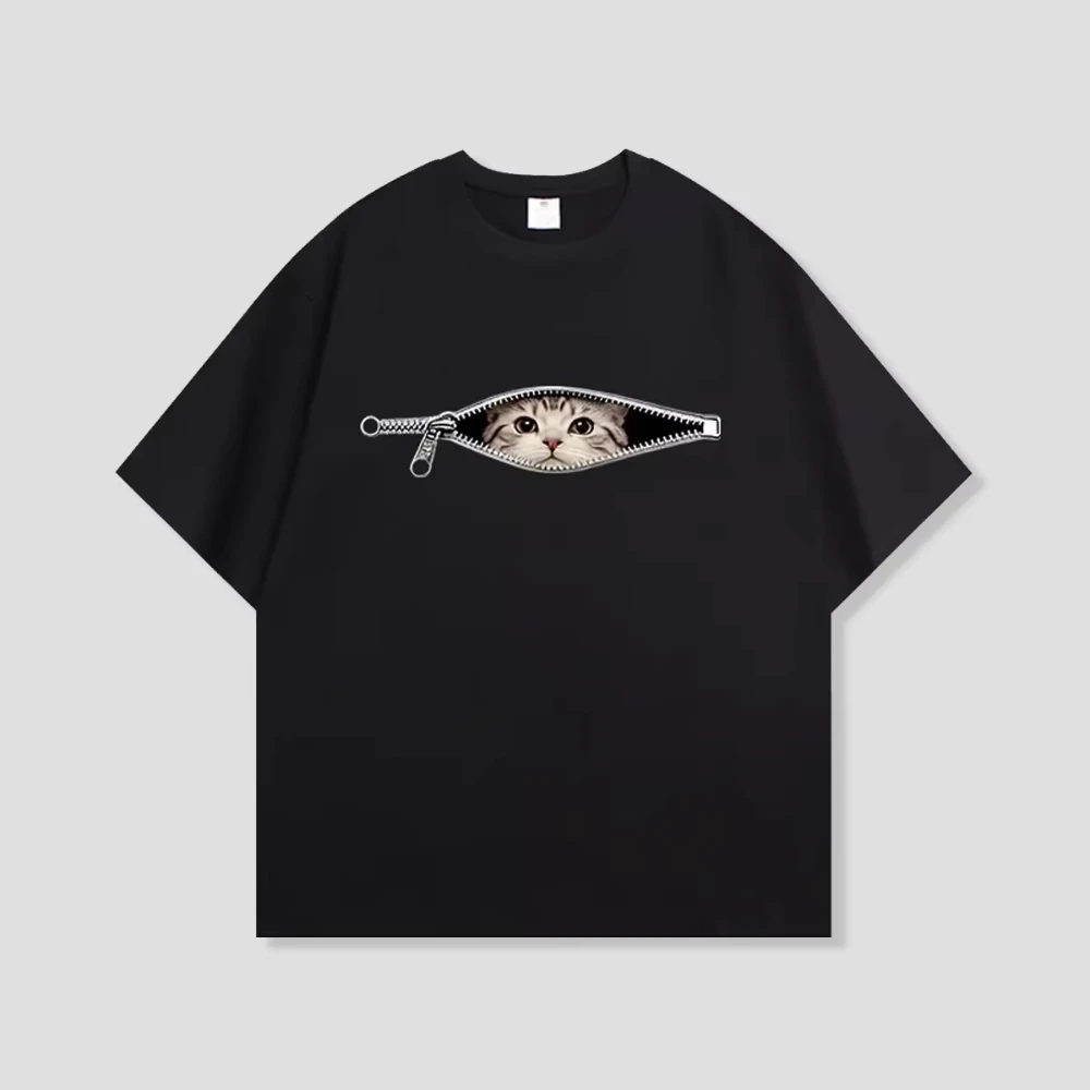 Cute Cat Graphic T Shirts Funny Hidden Cat Pocket Design Short-sleeved Tee Casual Fashion Versatile Top for Girls Boys Women Men