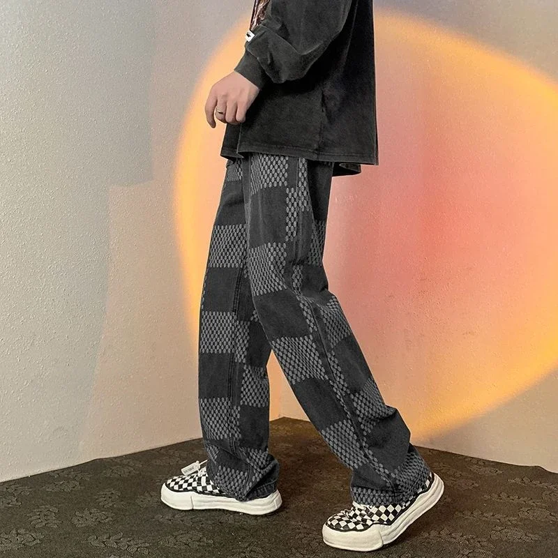 With Pockets Male Cowboy Pants Lattice Straight Jeans for Men Trousers Winter Cheap Casual Y 2k Vintage Summer Original Oversize