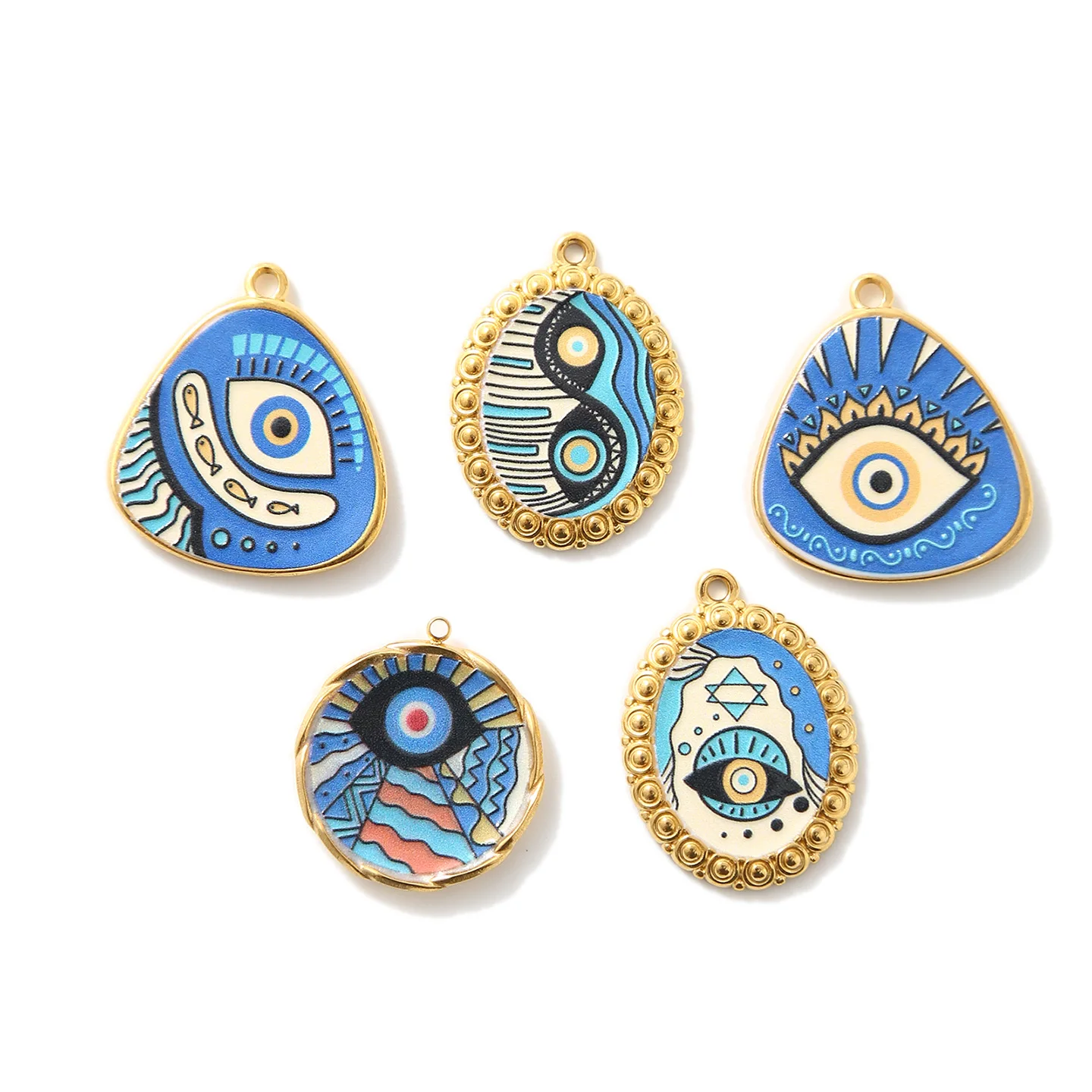 5pcs Stainless Steel Connector Blue Enamel Evil Eye Oval Round Charm Pendant for Jewelry Earring Making Bracelet DIY Accessories