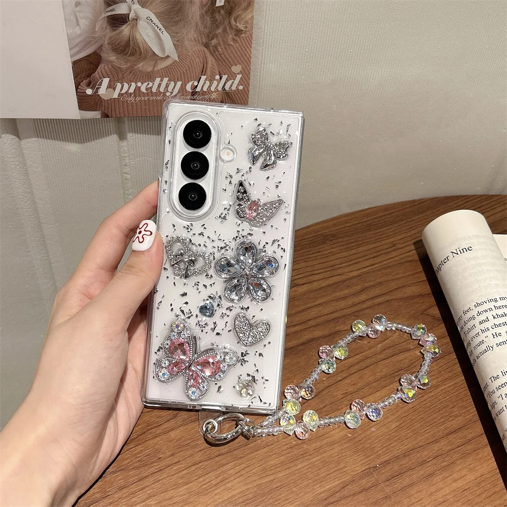 Luxury Shiny Glam 3D Rhinestone Butterfly Flower Phone Case for Samsung Galaxy Z Fold 7 Bead Wrist Strap Cover for Z Flip 7-3