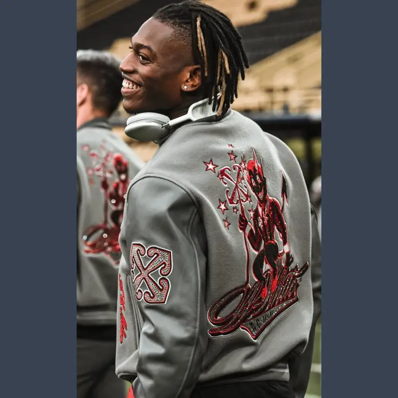 

2025 Spring Premium Grey Splicing Leather Sleeves Embroidered Collar Baseball Jacket Jacket