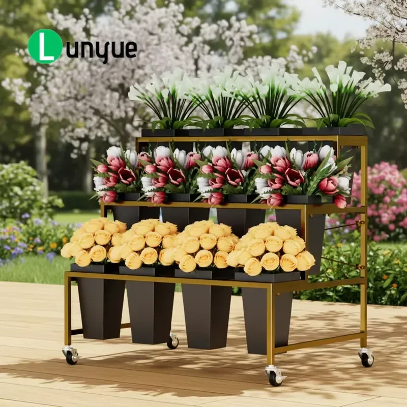 Durable Modern Classic Rectangular Iron Flower Pot Display Stand with Wheels Uncoated Metal Plant Rack for Indoor Home Garden