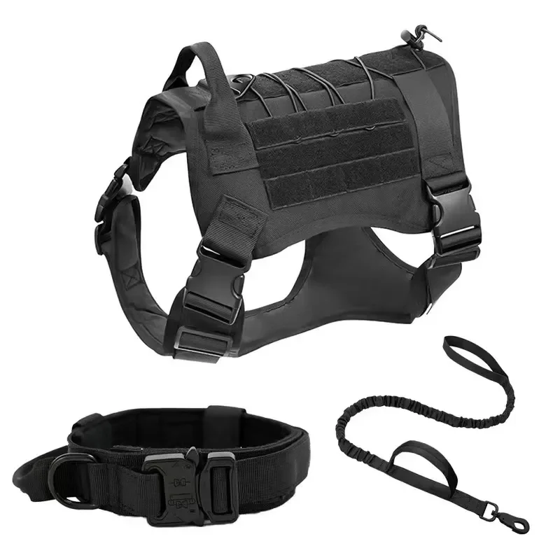 Adjustable Leather Dog Harness for Medium Large Breeds Tactical Chest Vest 3 Piece Set for Shepherd Training Hiking Camping
