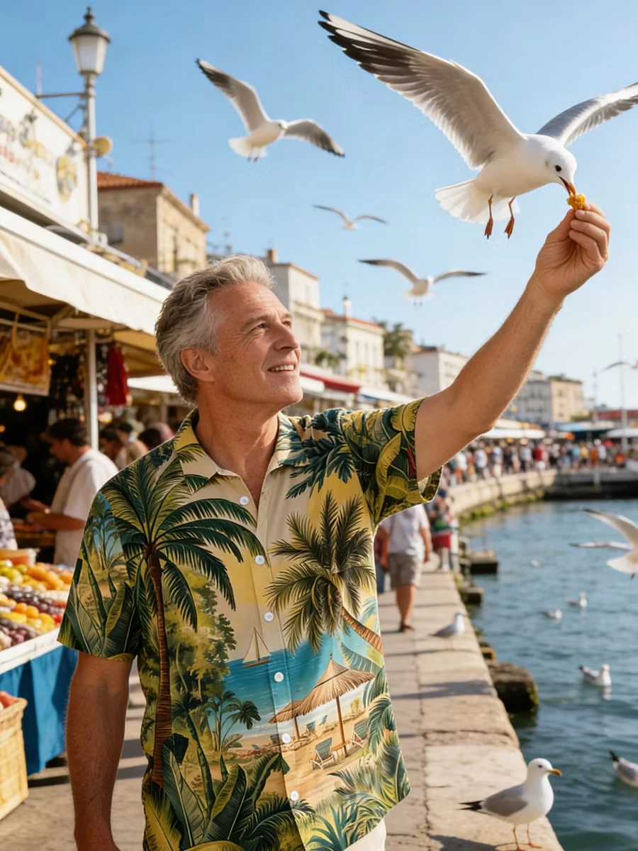 Men's Shirt Vintage Beach Palm Tree Scenery Print Short Sleeve Turn Down Collar Loose Summer Vacation Casual Tops Men Clothing