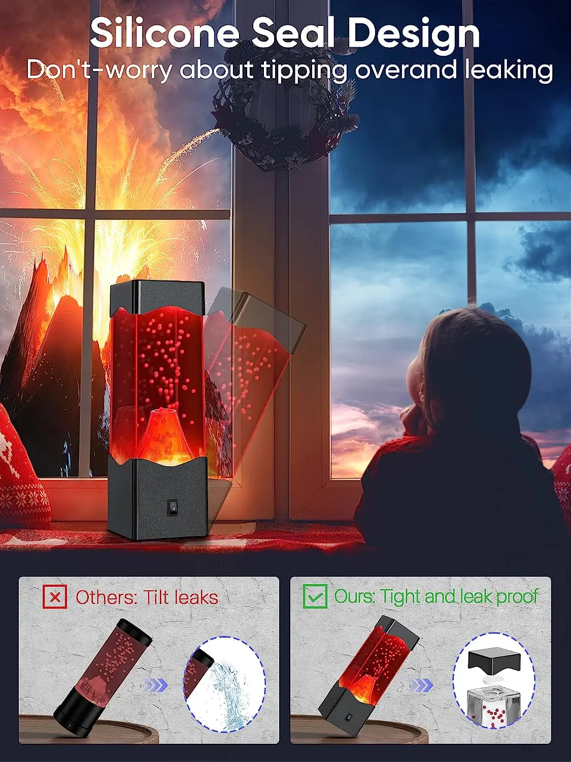 USB Powered Volcano Lava Lamp for Adults - Mood Night Light for Room, Office, and Desktop, Novelty Gift for Kids