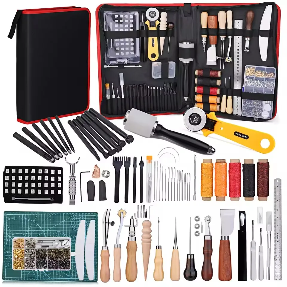 IMZAY Professional Leathercraft Tools Set with Hole Punching Tools Cutting Mat Groover Leather Stamp Tools for DIY Beginner