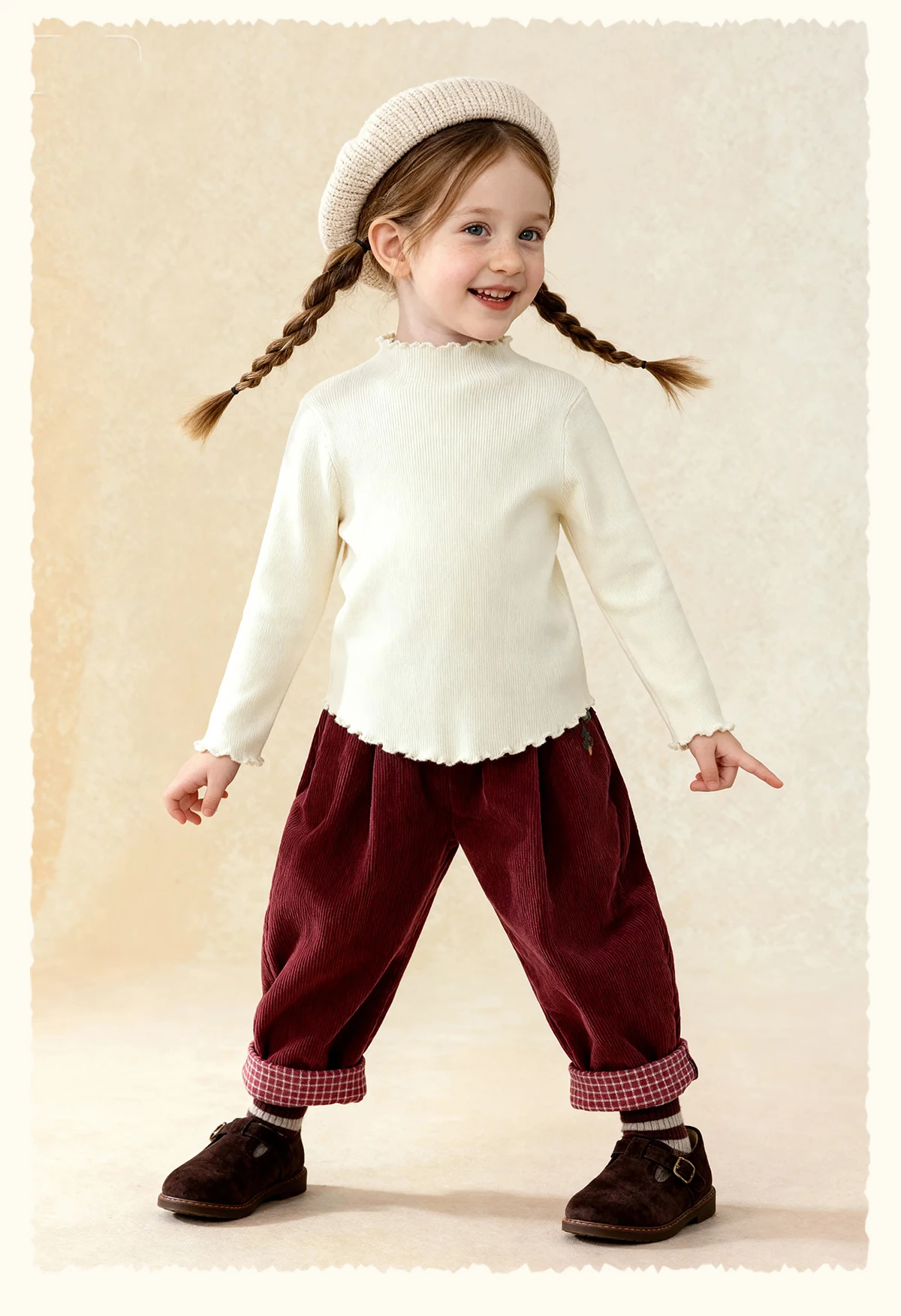 Amila Kids 2026 Winter Mädchen Strickshirt Top Grau Rosa Reisrot Schwarz Rüschen Halbhoher Kragen Weich Nicht hautverletzend – Detail 20