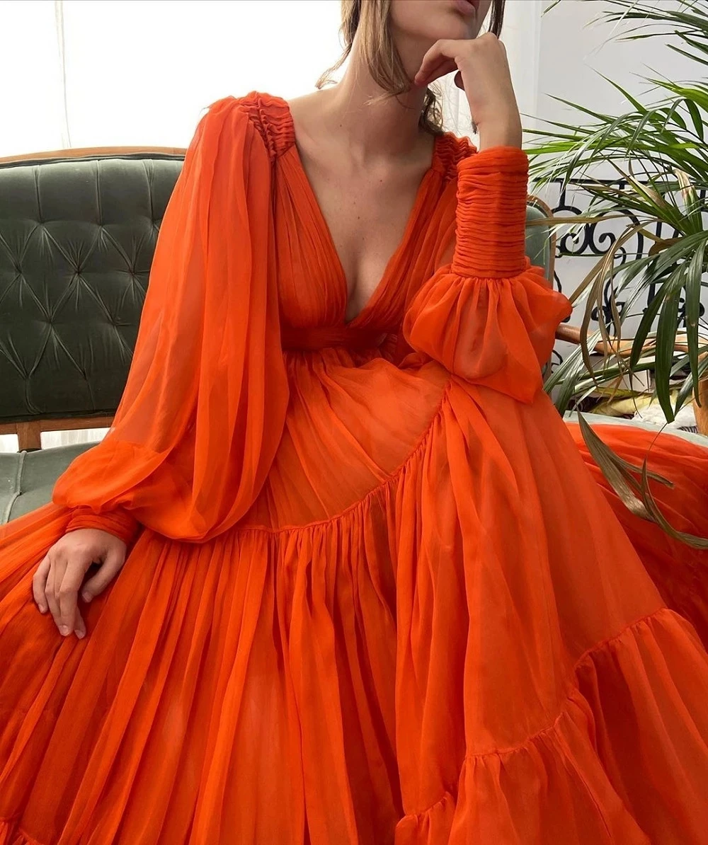 Bafftafe A Line Pleated Orange Chiffon Prom Dresses Customized Puff Long Sleeves V Neck Women Evening Dress Formal Party Gowns